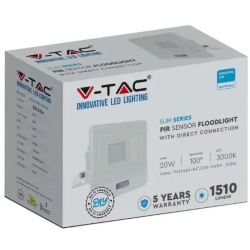 VT-128S LED-Flutlicht mit Sensor - 20 W - 1510 Lm - 3000K - Weiß