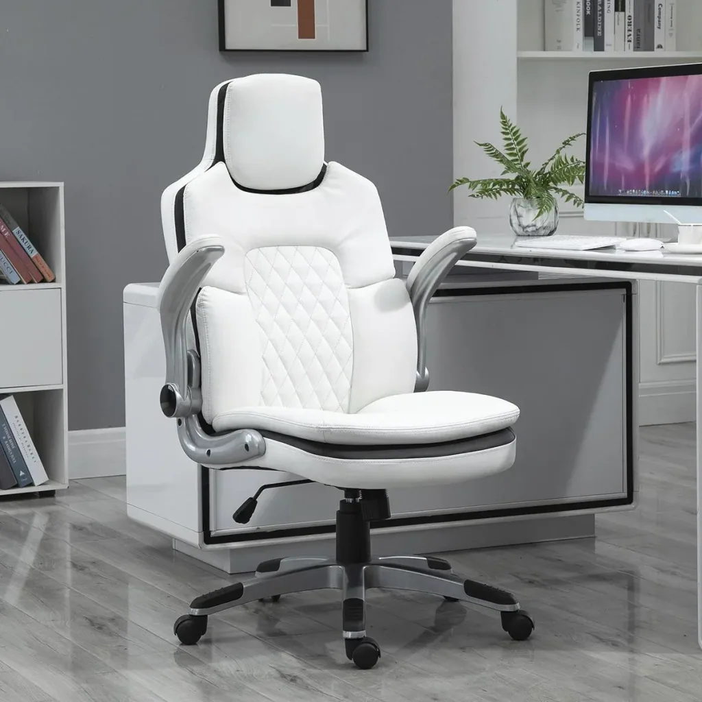 Ergonomischer Bürostuhl mit klappbare Armlehnen, Höhenverstellbarer Schreibtischstuhl mit Wippfunktion, Drehstuhl, PU, 6