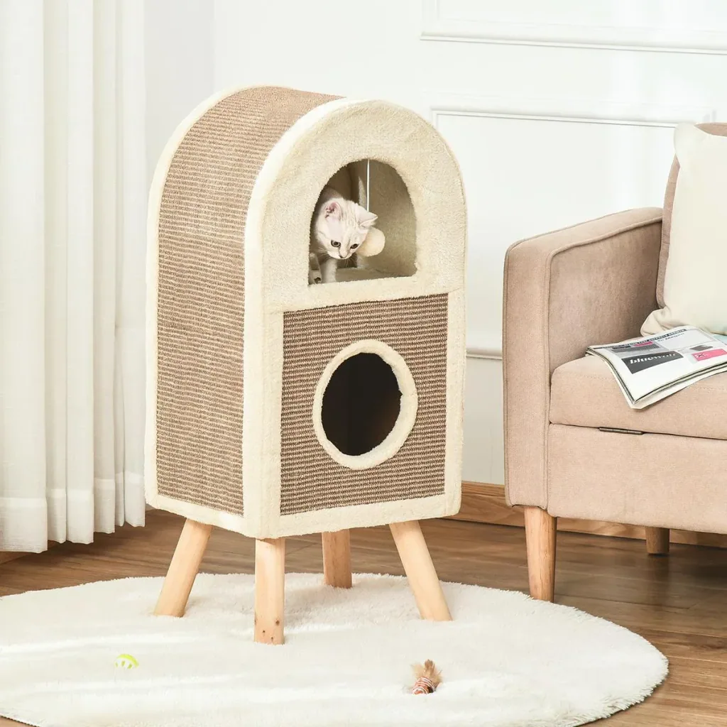 Kratzbaum Katzenhöhle mit kratzbrett Spielbällen katzenbett Kratzmatte mehrstöckig Spanplatte Plüsch Sisal Kaffee 40 x 3