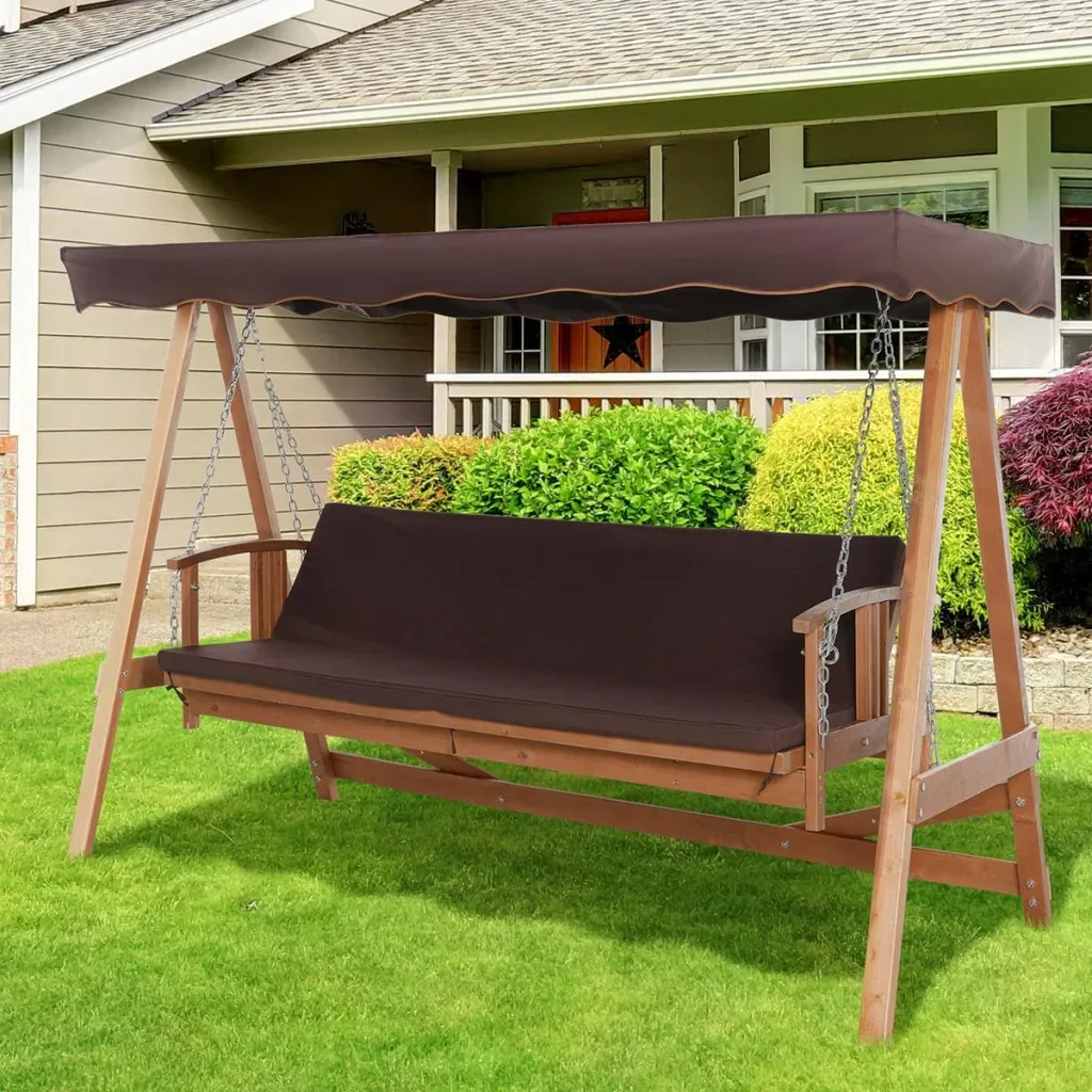 Hollywoodschaukel mit Sonnendach Echtholz-Gartenschaukel Schaukelbank Schaukel mit Liege-Funktion aus Tannenholz für 3 P