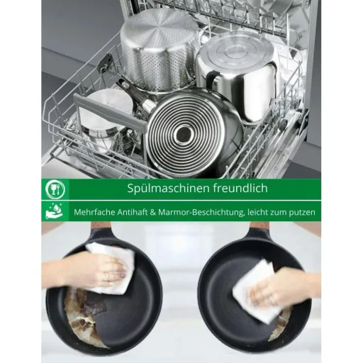 Cheffinger Schmortopf / Niedrige Pfanne / Serviertopf - Marmorbeschichtung - mit abnehmbaren Silikongriffen - SS - 28cm
