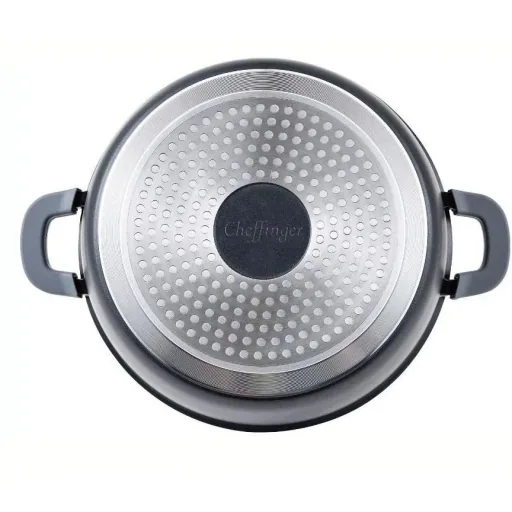 Cheffinger Schmortopf / Niedrige Pfanne / Serviertopf - Marmorbeschichtung - mit abnehmbaren Silikongriffen - SS - 28cm