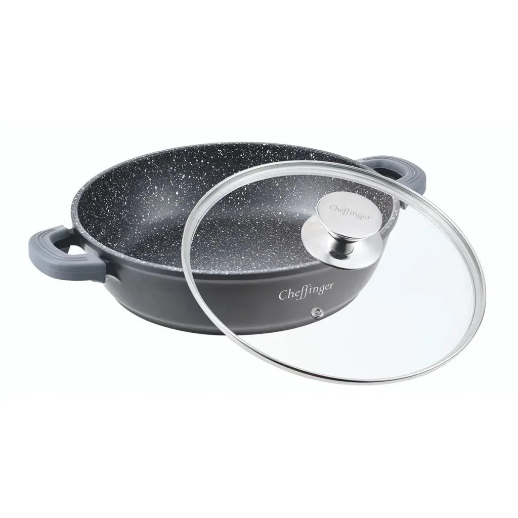Cheffinger Schmortopf / Niedrige Pfanne / Serviertopf - Marmorbeschichtung - mit abnehmbaren Silikongriffen - SS - 28cm
