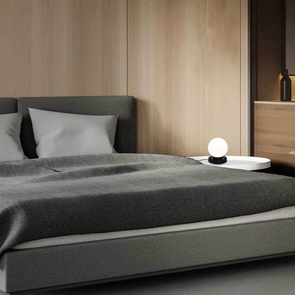 PULU Tischleuchte, Metallsockel schwarz, Opal Glas, Kabelschalter, E14 Fassung