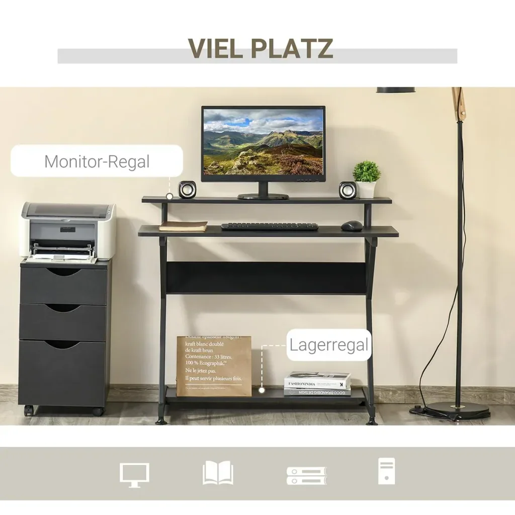 Computertisch industrieller Stil mit Höhenverstellbar Fußbett MDF Metall Schwarz 100 x 60 x 85,5 cm