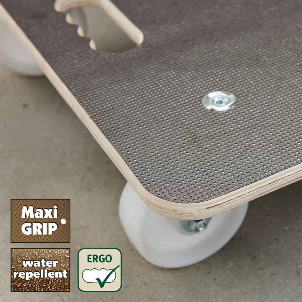 Transporthilfe MM 1113, 59 x 49 x 13,5 cm, harte Rollen Ø 100 mm, Rollenlager, Platte Maxigrip FSC®, Tragkraft 400 kg