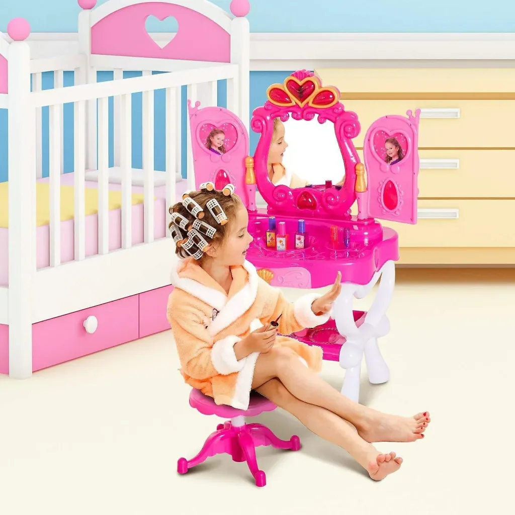Schminktisch Kinder Frisiertisch mit Stuhl Fotorahmen Musik und Licht Rosa