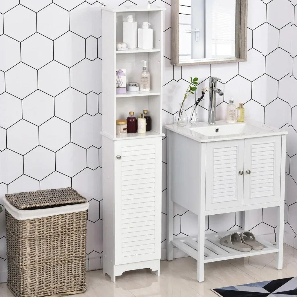 Badezimmerschrank mit höhenverstellbarem Regal Badmöbel mit Lamellentür Badezimmer-Hochschrank MDF Spanplatte Weiß 34 x