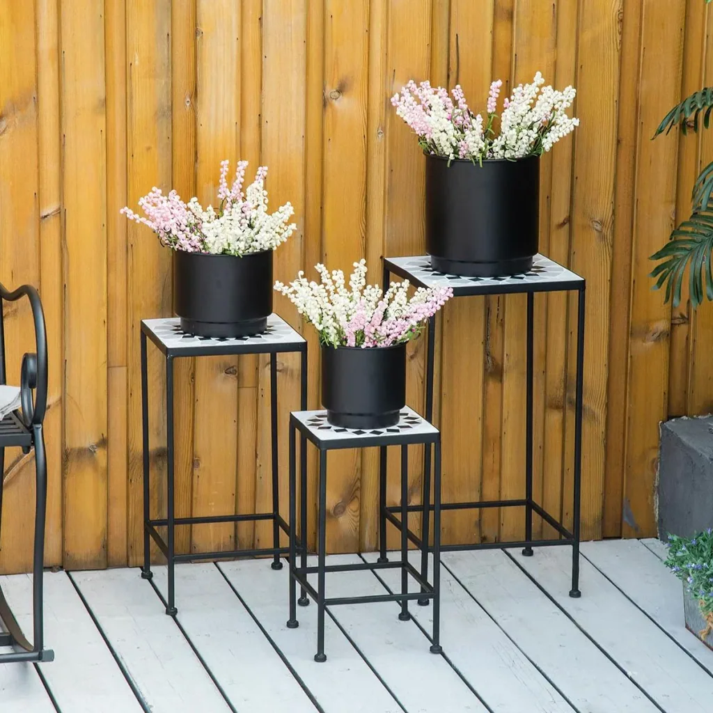 Blumenständer 3er Set aus Metall keramische Fliesen Stapelbar Pflanzenhocker für Blumentopf Schwarz+Weiß