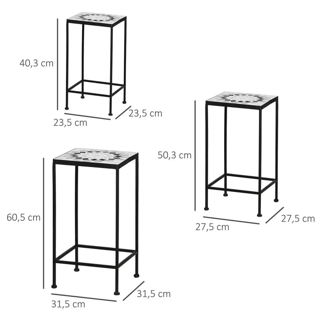 Blumenständer 3er Set aus Metall keramische Fliesen Stapelbar Pflanzenhocker für Blumentopf Schwarz+Weiß