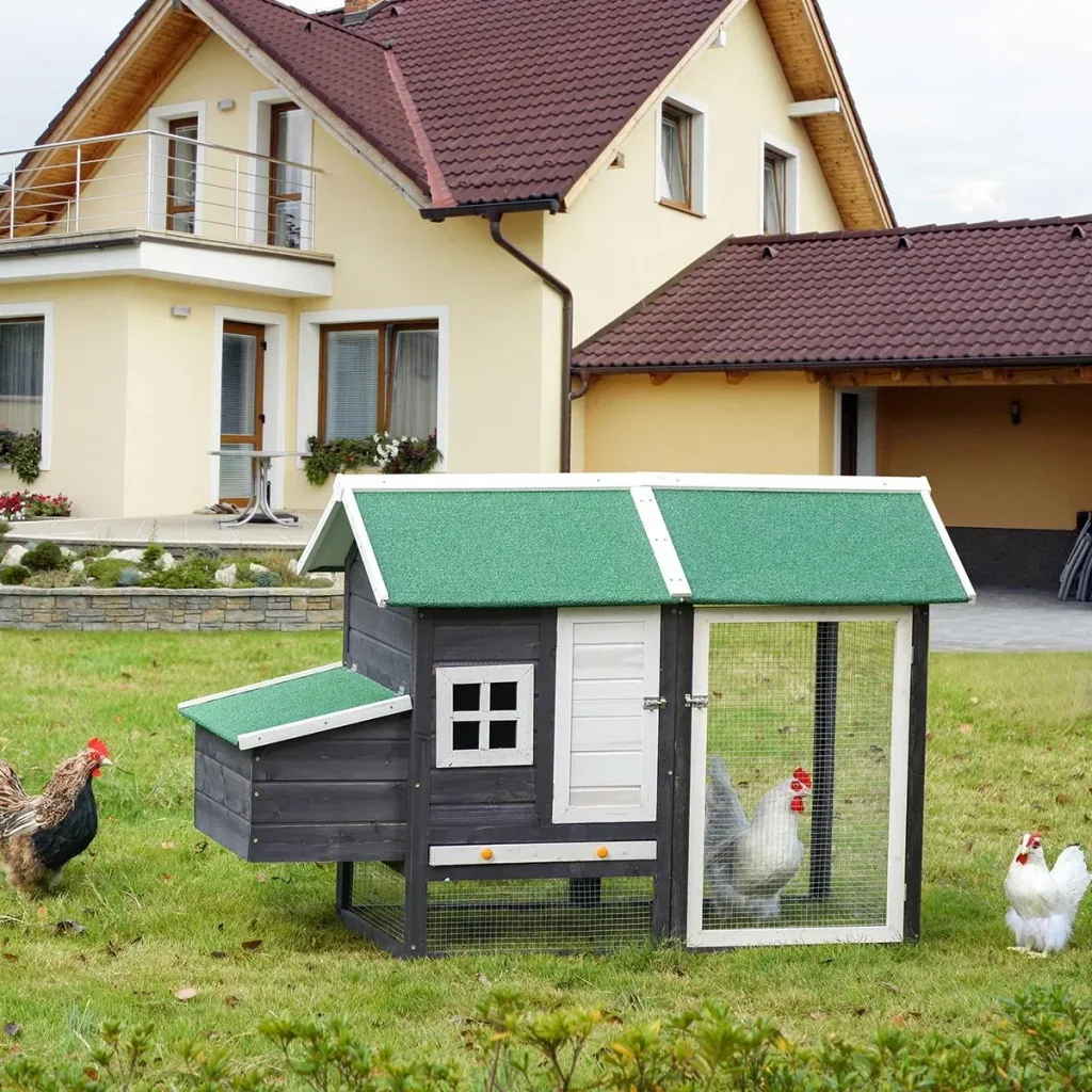 Hühnerstall modern Hühnerhaus mit Nistkasten und einem komplett überdachter Laufstall, Grau, Tannenholz, Metalldraht, As