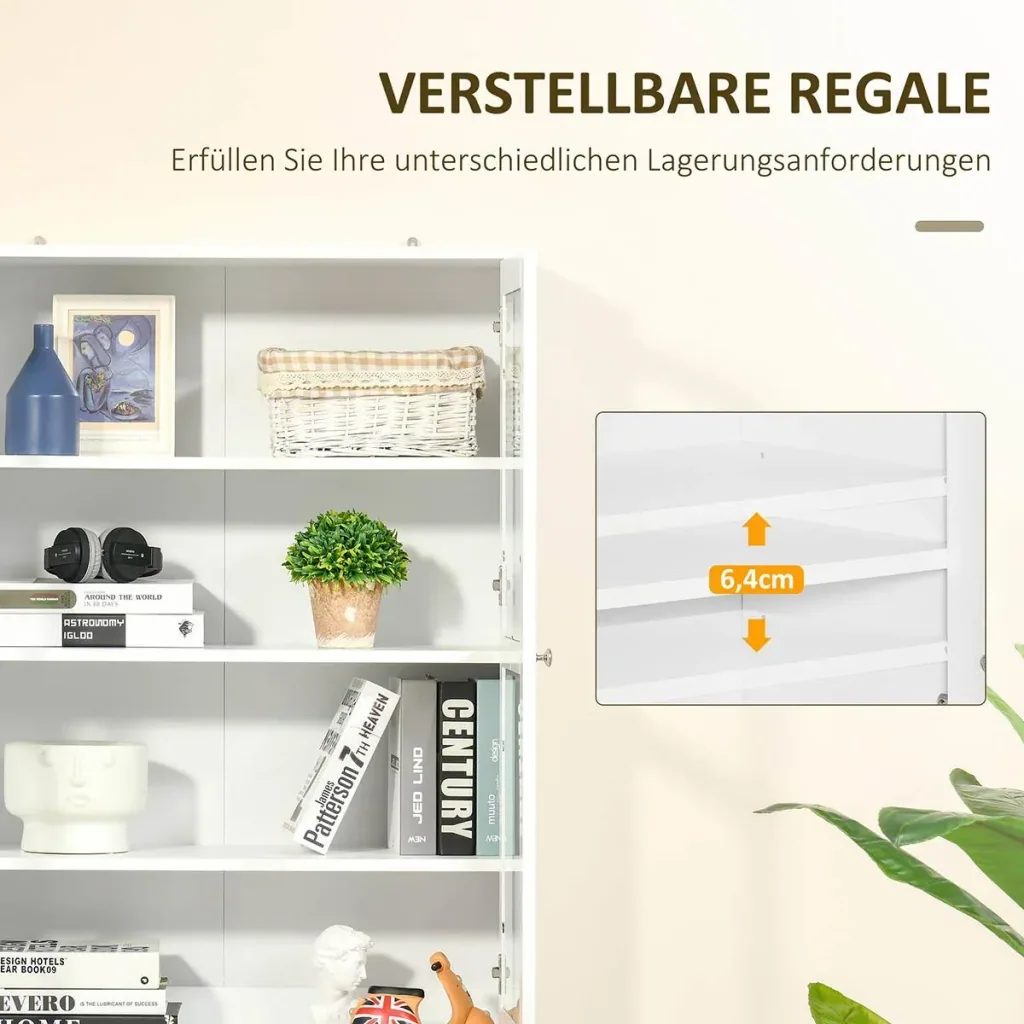 Bücherschrank 178,5 cm Hochschrank Vitrinenschrank mit Glastür 6 Fächern Küchenschrank für Wohnzimmer Büro Arbeitszimmer