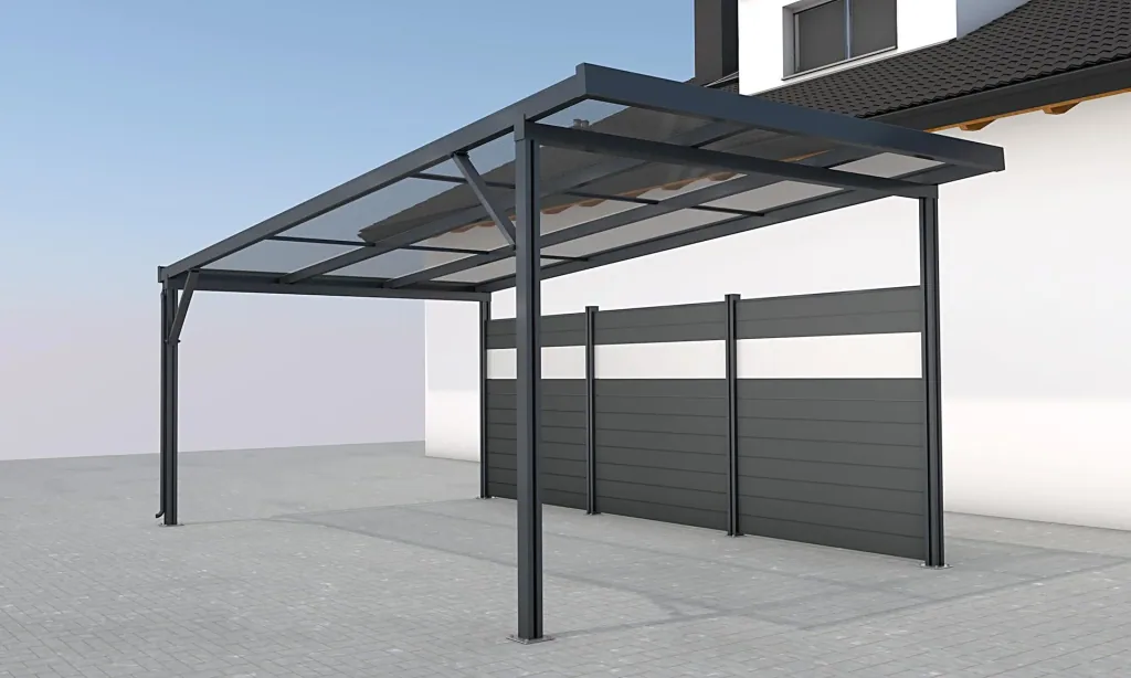 Seitenwand für Carports, anthrazit, 5,82 x 1,86 m, WPC Dielen dunkelgrau / PC Paneele klar