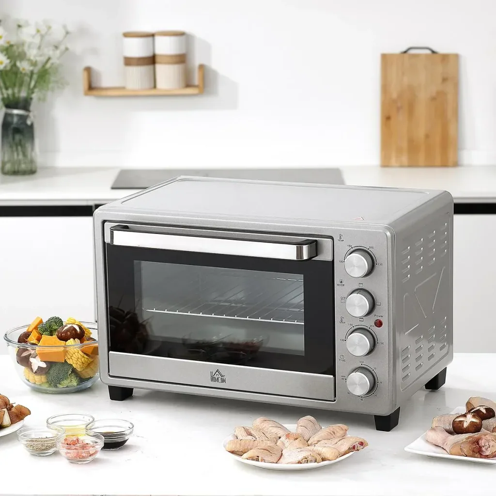 Minibackofen 32L mit Kochplatten Elektrischer Mini Ofen Drehspieß Boden mit Schlackenauffangwanne Metall Edelstahl Glas