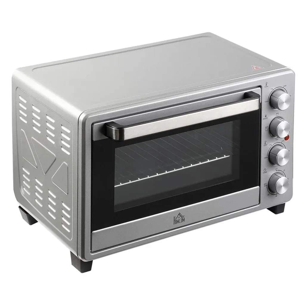 Minibackofen 32L mit Kochplatten Elektrischer Mini Ofen Drehspieß Boden mit Schlackenauffangwanne Metall Edelstahl Glas