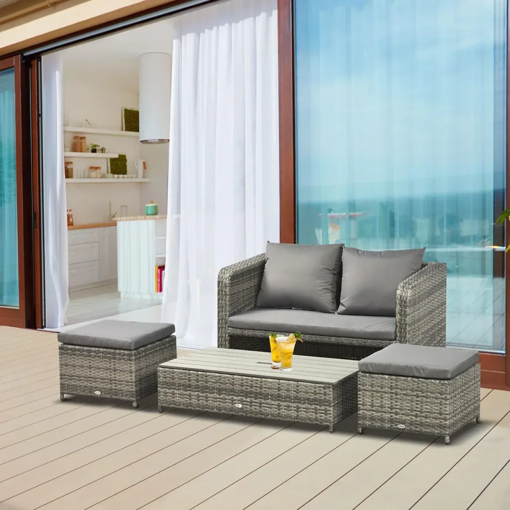 Polyrattan Sitzgarnitur 4 tlg. Sitzgruppe Gartenset Doppelsofa mit Hocker Tisch Sofagarnitur Gartenmöbel Set Lounge Grau