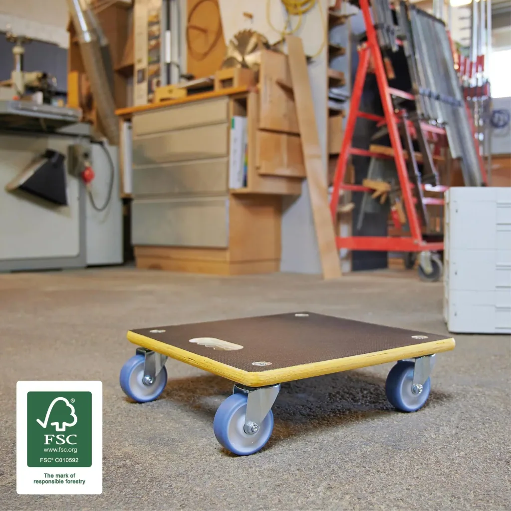 Transporthilfe MM 1340, 38 x 38 x 11 cm, harte Rollen Ø 100 mm, Rollenlager, Platte Maxigrip FSC®, Tragkraft 300 kg