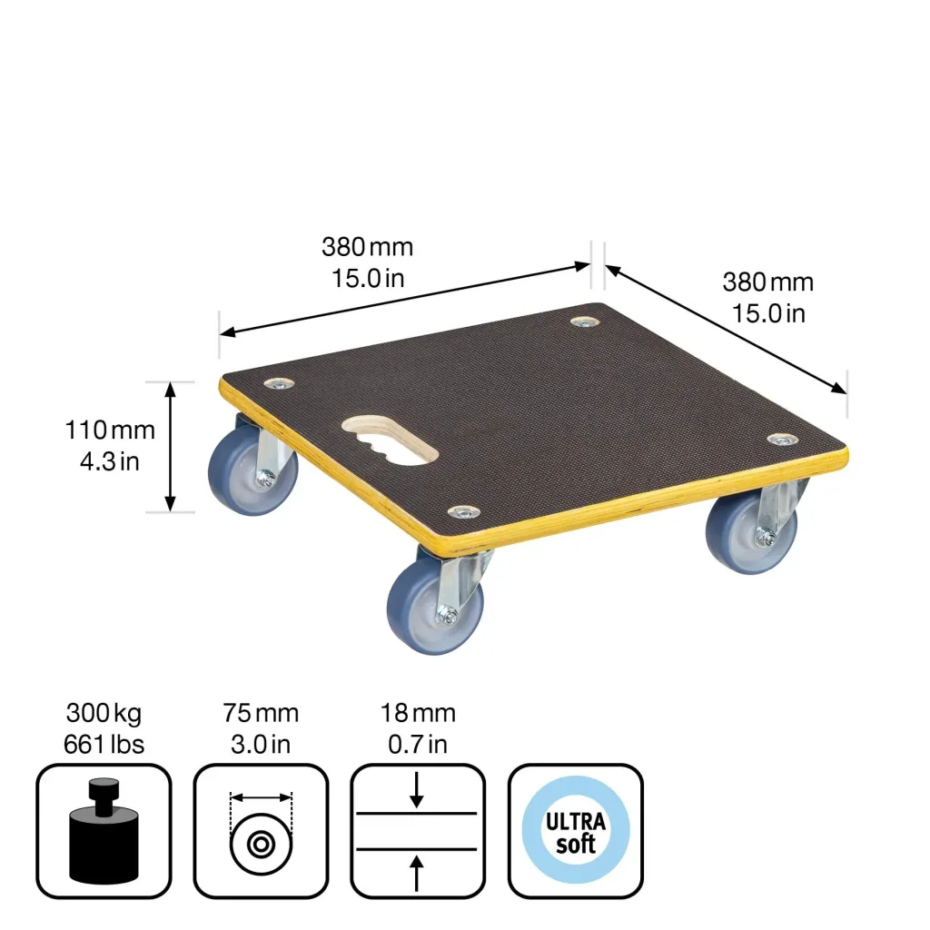 Transporthilfe MM 1340, 38 x 38 x 11 cm, harte Rollen Ø 100 mm, Rollenlager, Platte Maxigrip FSC®, Tragkraft 300 kg
