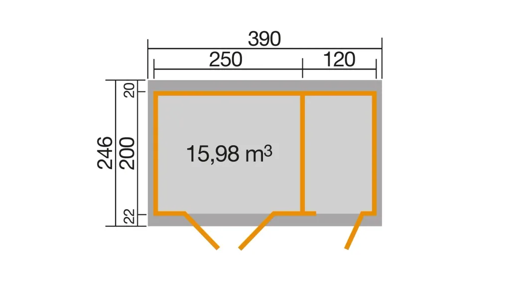 Gartenhaus 254 Gr.1, 394 x 246 x 222 cm Wandstärke 28 mm, Doppeltür, mit 2. Raum Einzeltür