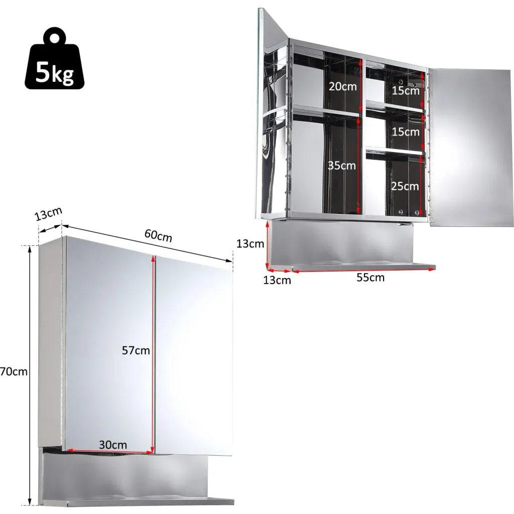 Spiegelschrank Glasschrank mit Haken Badezimmerschrank Wandmontage Edelstahl Silber B60 x H70 x T13 cm