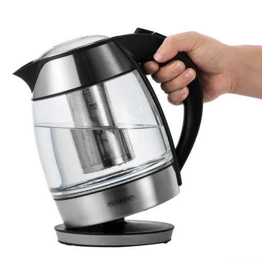 Wasserkocher silber/schwarzes Glas 1,8L inkl. Teesieb