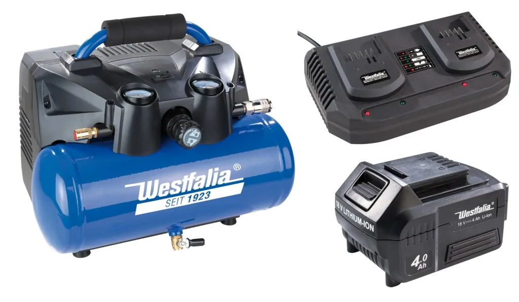 Akku-Druckluftkompressor-Set, 2x18 Volt-4 Ah, 1x Dippel-Schnellladegerät