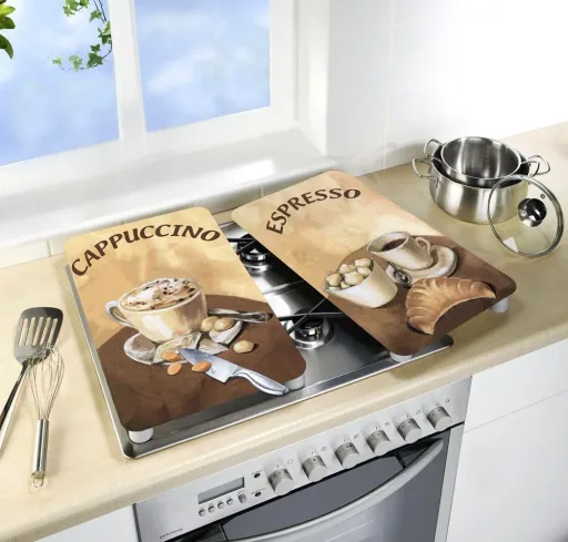3 in 1 Herd-Abdeckplatten, Schneidbretter, Arbeitsplatten, Glas, Kaffee-Design, je 52 x 30 cm, 2er-Set