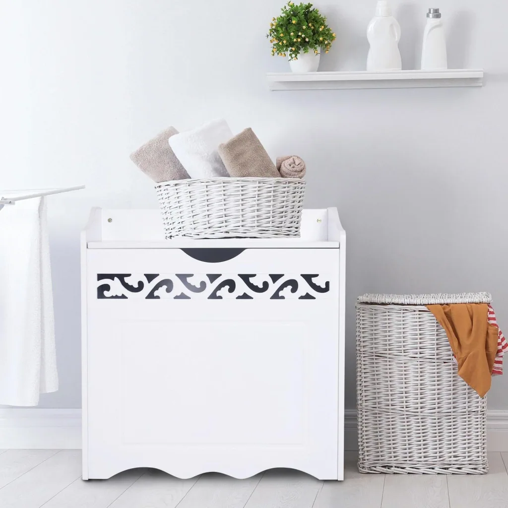 Badschrank Wäschekorb Truhe Kiste Aufbewahrungsbox mit Deckel MDF Weiß 55 x 34 x 58 cm