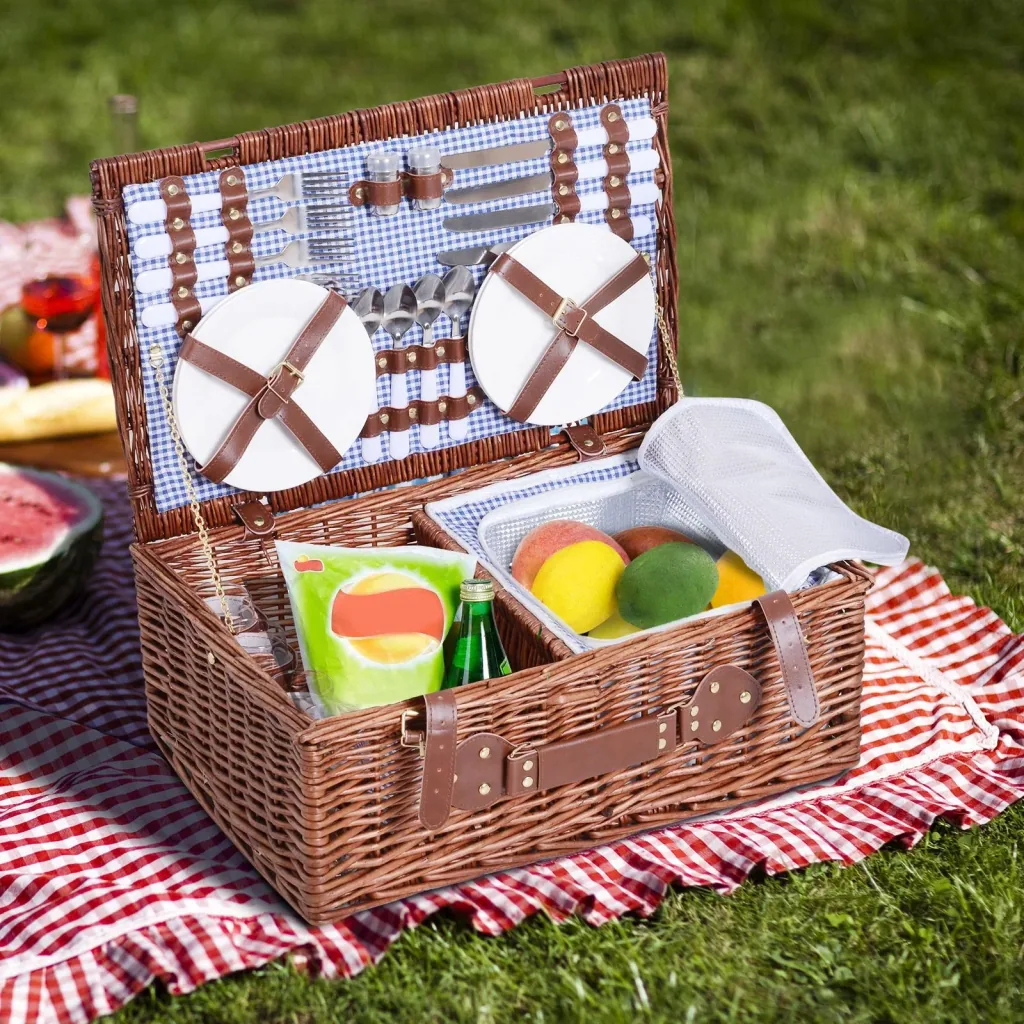 Picknickkorb für 4 Personen Picknickkoffer Picknickset mit Kühltasche Utensilien Glas Braun 54 x 34 x 20 cm
