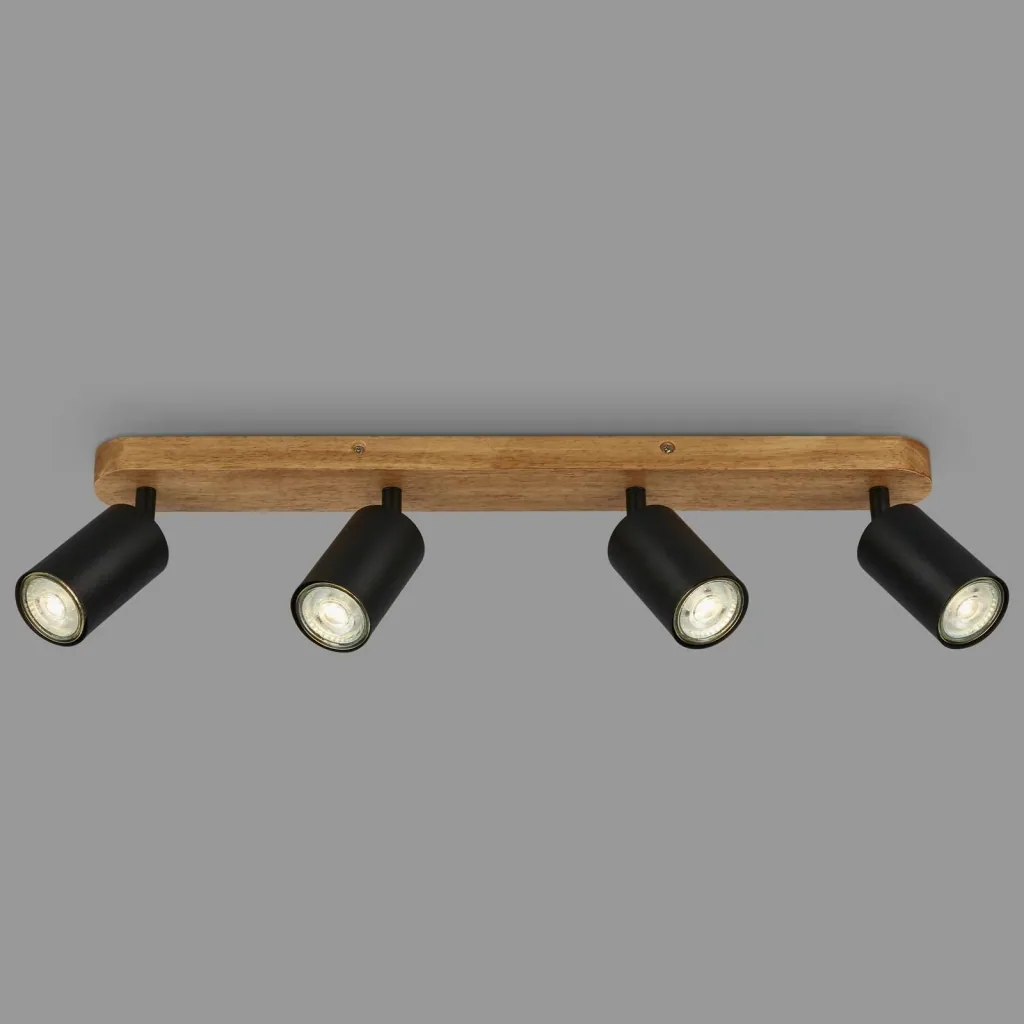 Vintage Spotleuchte 4-flammig, schwarz mit Holzbaldachin, 4 x GU10 Fassung
