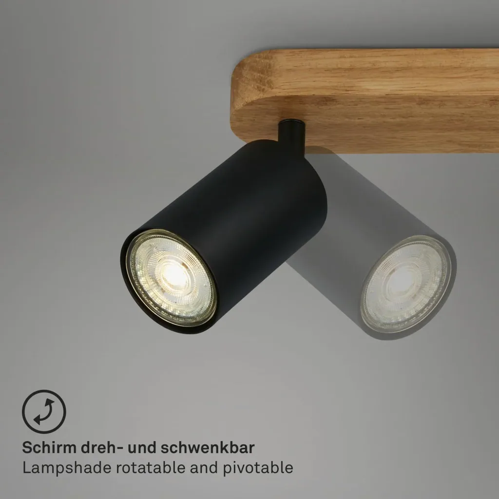 Vintage Spotleuchte 4-flammig, schwarz mit Holzbaldachin, 4 x GU10 Fassung