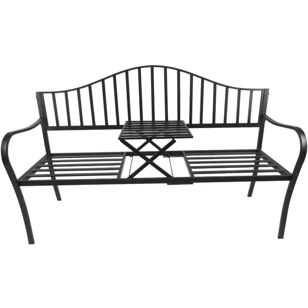Gartenbank 2 Sitzer Sitzbank Parkbank Metallbank Bankauflage mit Armlehne mit Klappbeistelltisch Schwarz 160 x 53 x 95 c