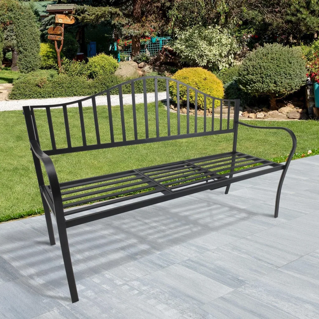 Gartenbank 2 Sitzer Sitzbank Parkbank Metallbank Bankauflage mit Armlehne mit Klappbeistelltisch Schwarz 160 x 53 x 95 c