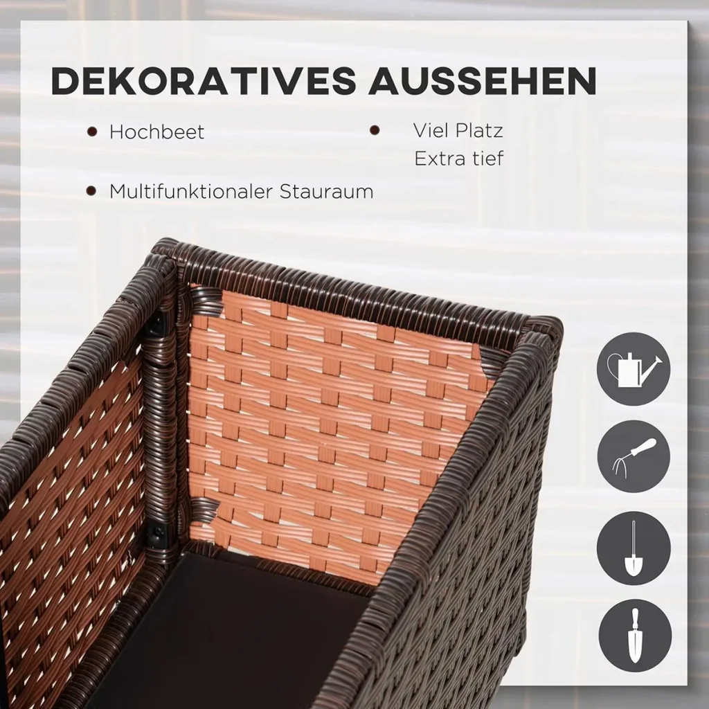 Poly Rattan Hochbeet mit Rollen Pflanzkasten mit Abflusslöchern Blumenkasten Blumenkübel Kaffee-Braun 94,5 x 31 x 36 cm