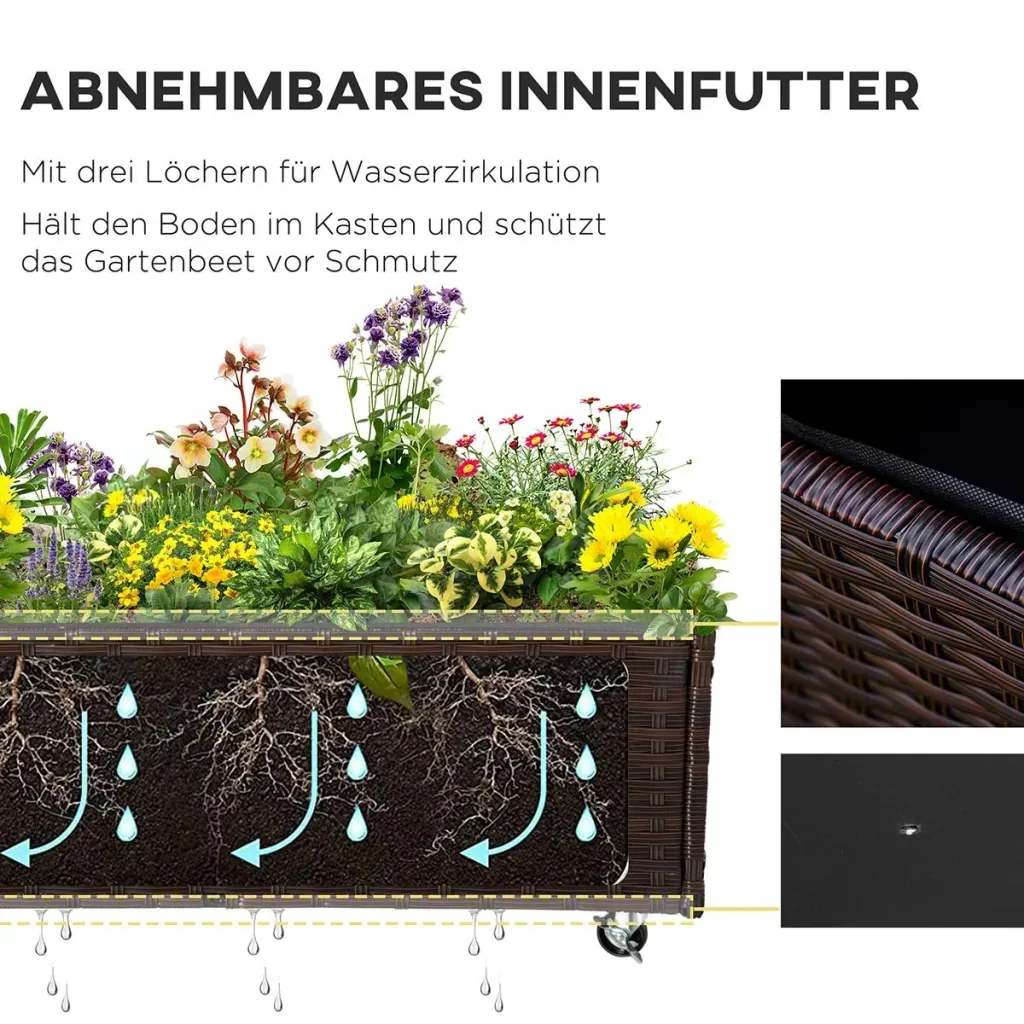 Poly Rattan Hochbeet mit Rollen Pflanzkasten mit Abflusslöchern Blumenkasten Blumenkübel Kaffee-Braun 94,5 x 31 x 36 cm