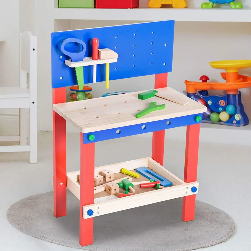 Kinder Werkbank Werkstatt Deluxe Kinderwerkbank Zubehör 20 PC Spielzeug Rot Blau L46xB30xH65