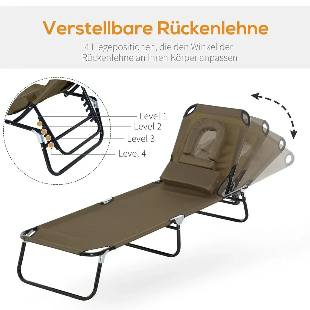 Sonnenliege Gartenliege Dreibeinliege Relaxliege mit Lesefenster Gesichtsöffnung Braun