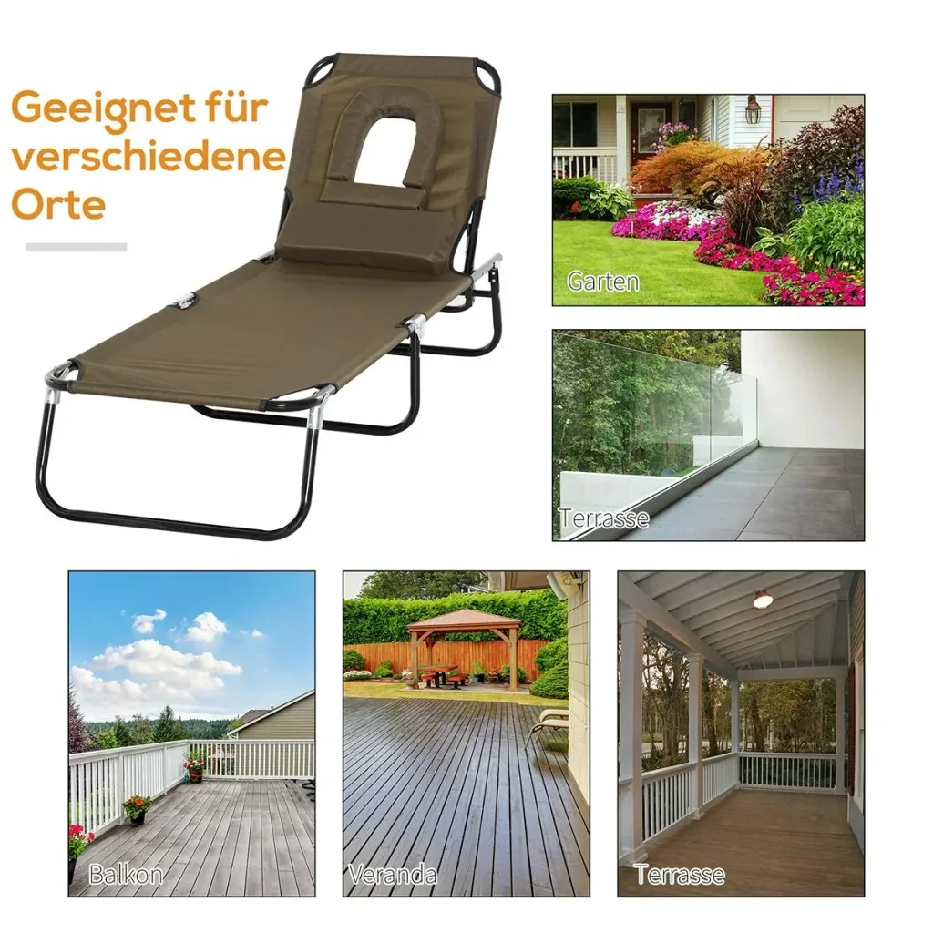 Sonnenliege Gartenliege Dreibeinliege Relaxliege mit Lesefenster Gesichtsöffnung Braun
