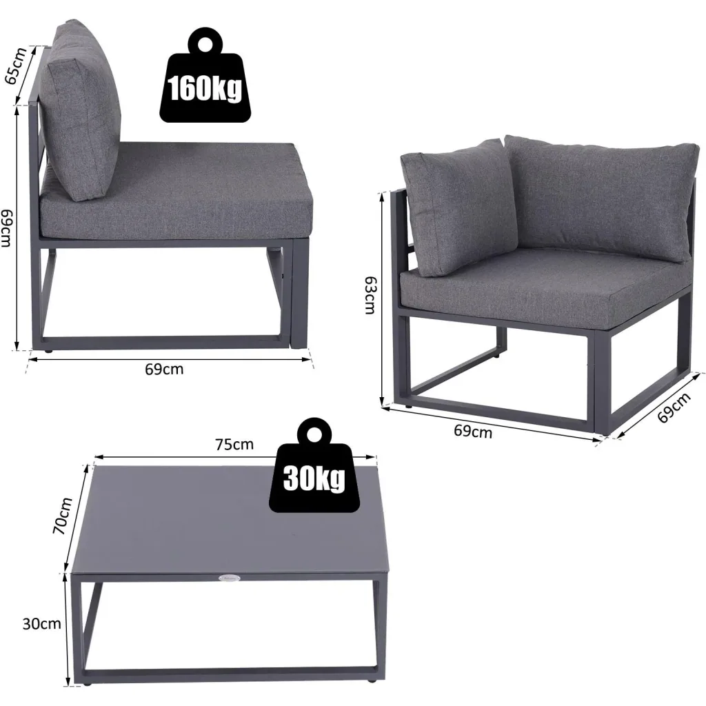 6-tlg, Gartengarnitur Gartenset Sitzgruppe Gartenmöbel Alu 4 x Sessel 1 x Ecksofa 1 x Beistelltisch Kissen für 4 5 Perso