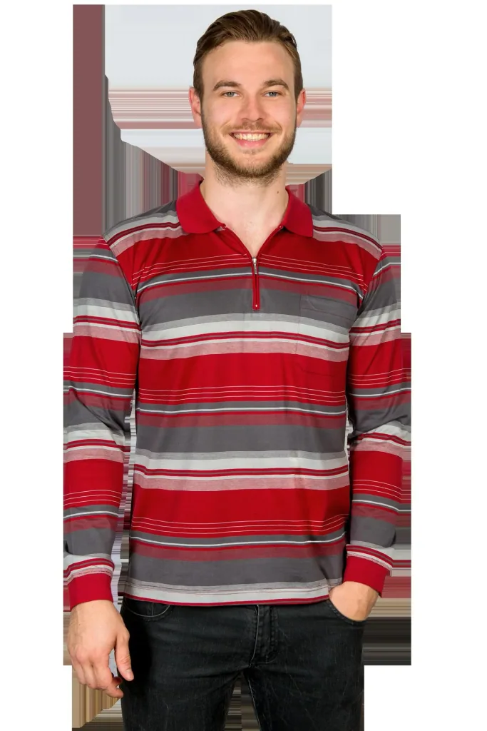Poloshirt mit Reißverschluß, Farbe rot/gestreift, Gr.2XL
