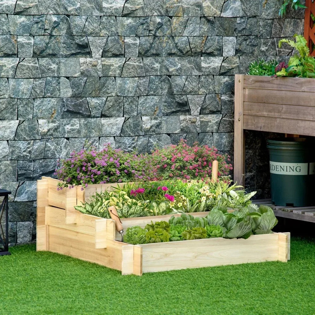 Hochbeet 3-stufige Gartenbeet Pflanzenbeet Kräuterbeet Blumentreppe für Balkon Garten Natur Holz 93 x 93 x 35 cm