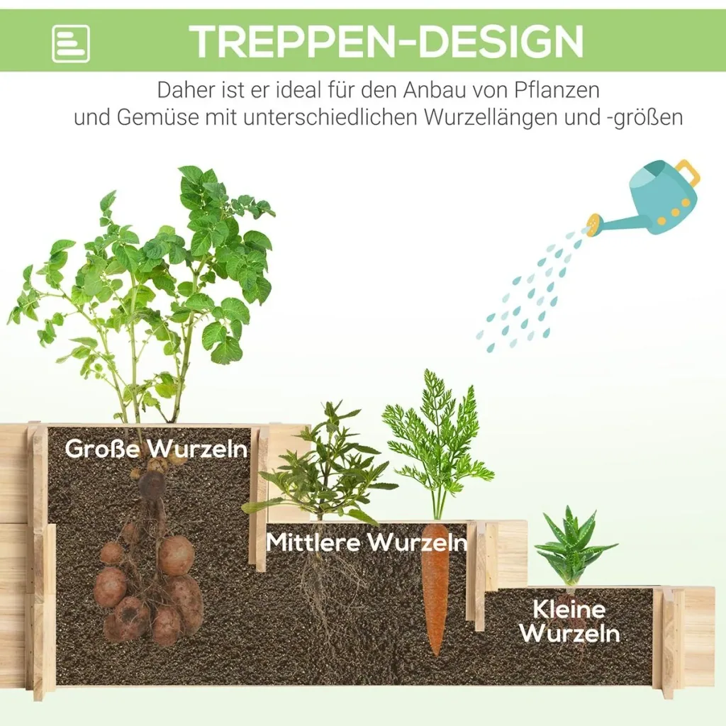 Hochbeet 3-stufige Gartenbeet Pflanzenbeet Kräuterbeet Blumentreppe für Balkon Garten Natur Holz 93 x 93 x 35 cm