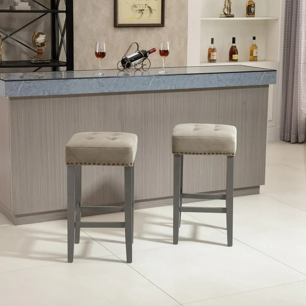 2er-Set Barhocker Esszimmerhocker mit Fußstütze atmungsaktiv Polyester-Gewebe Gummiholz Schaumstoff Grau 38,5 x 38,5 x 6