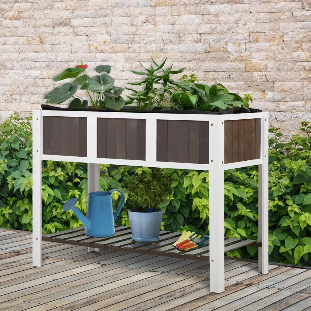 Pflanztisch Gartenarbeitstisch hölzerne Gartenbeete für Gemüse Blumen, Pflanzkübel mit Regal, 119 x 57 x 89 cm, Tanne, n