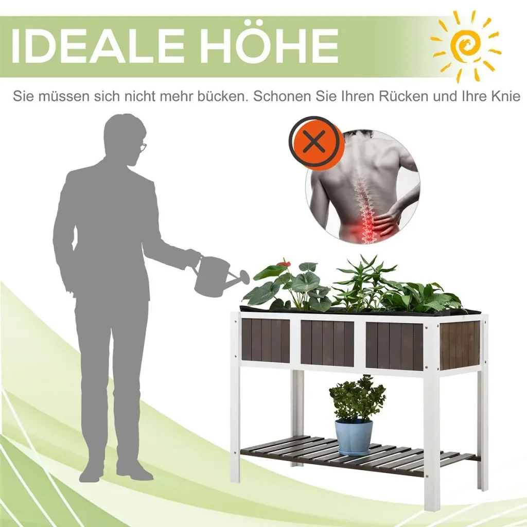 Pflanztisch Gartenarbeitstisch hölzerne Gartenbeete für Gemüse Blumen, Pflanzkübel mit Regal, 119 x 57 x 89 cm, Tanne, n