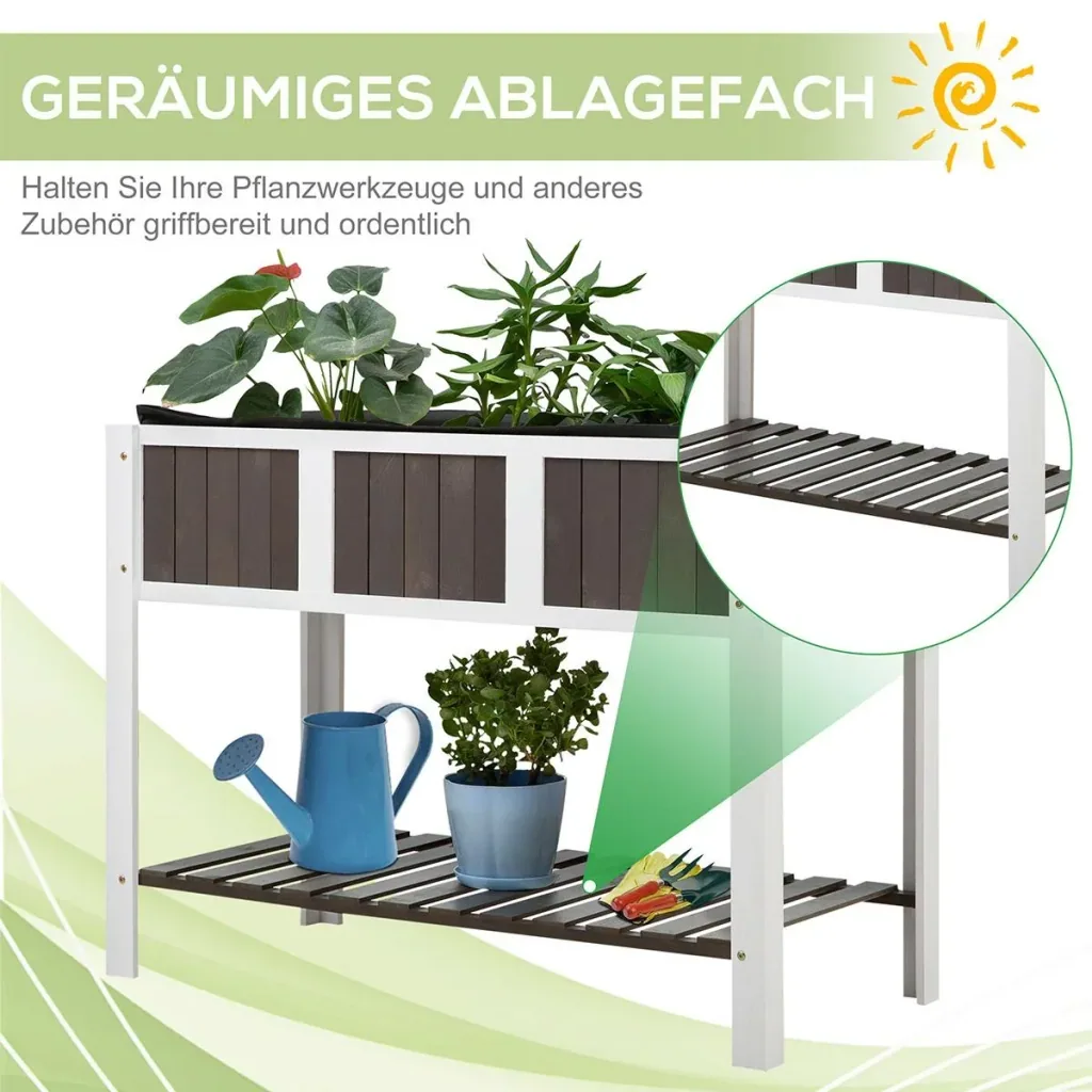Pflanztisch Gartenarbeitstisch hölzerne Gartenbeete für Gemüse Blumen, Pflanzkübel mit Regal, 119 x 57 x 89 cm, Tanne, n