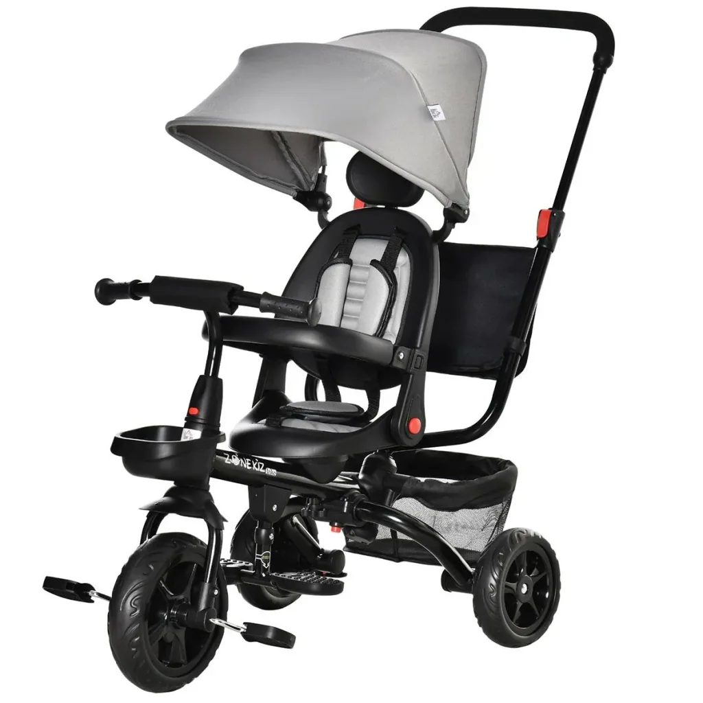4-in-1 Kinderdreirad Kinder Fahrrad mit Sicherheitsgurt und Sonnendach Dreirad Kinderauto Kinderwagen PP-Kunststoff PA