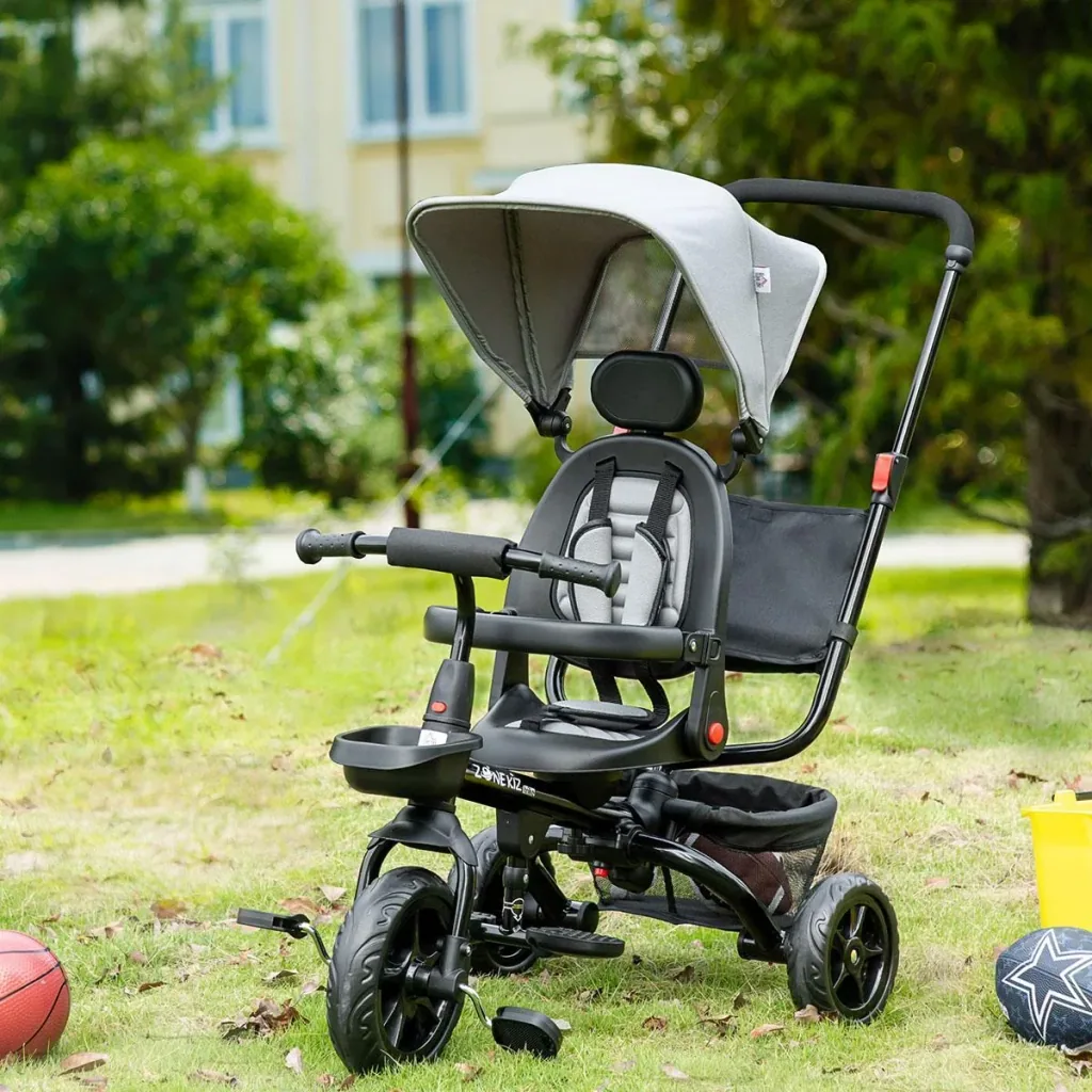 4-in-1 Kinderdreirad Kinder Fahrrad mit Sicherheitsgurt und Sonnendach Dreirad Kinderauto Kinderwagen PP-Kunststoff PA