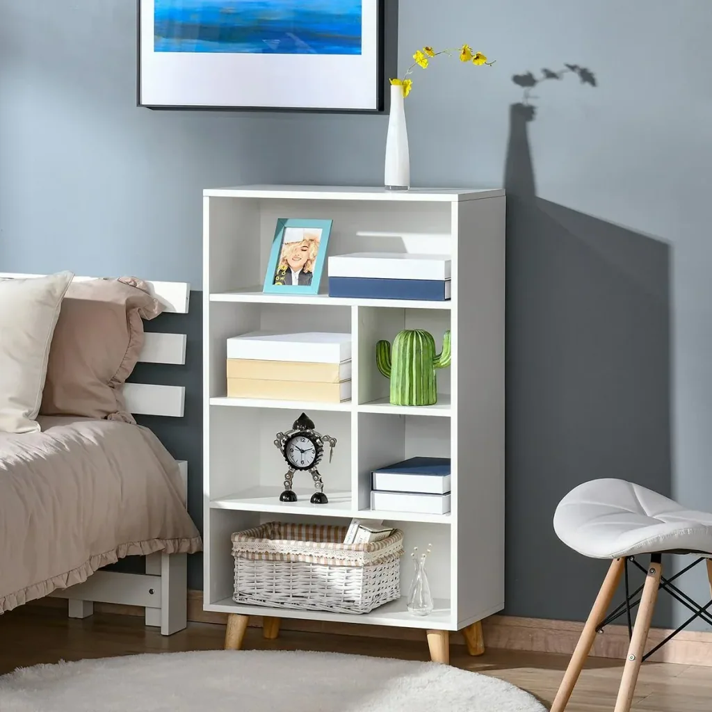 Bücherregal Wohnzimmerregal Bücherschrank Standschrank mit 6 Fächern Weiß+Natur MDF 60 x 30 x 103,3 cm mehrstöckiger