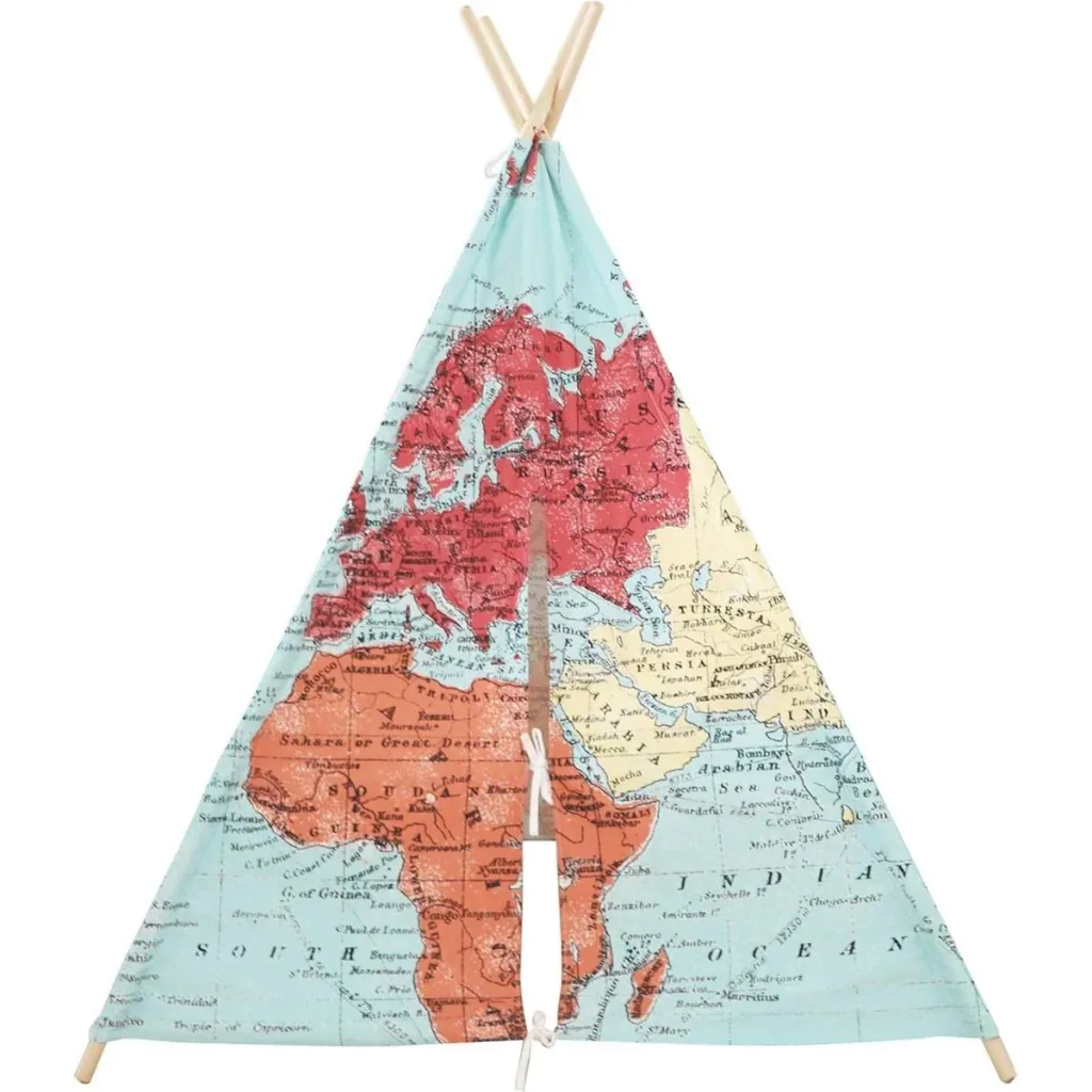 Weltkarte Tipi-Zelt | Mehrfarbig | Wigwam Spielzelt|100% Baumwolle|120x120x160cm
